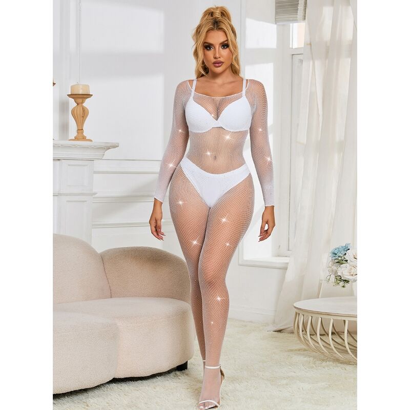 SUBBLIME Bodystocking De Rejilla Con Diamantes Blanco Talla Única – Diseño Elegante Para Ocasiones Especiales