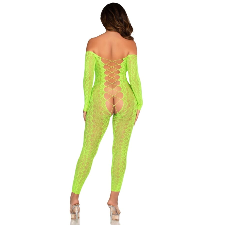 LEG AVENUE - BODYSTOCKING SIN ENTREPIERNA DE ENCAJE DE SERPIENTE EXÓTICA VERDE NEÓN