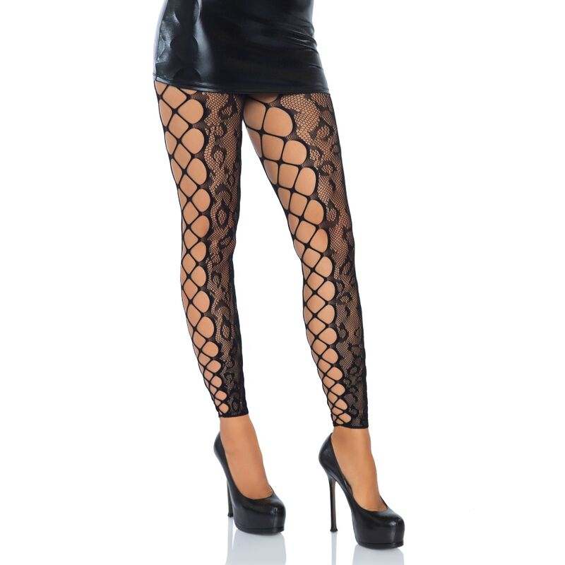 Collant senza piede in pizzo leopardato LEG AVENUE – Design seducente con allacciatura laterale