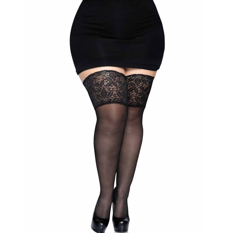 LEG AVENUE BLACK SELF-ADHESIVE STOCKINGS WITH WIDE LACE ONE SIZE