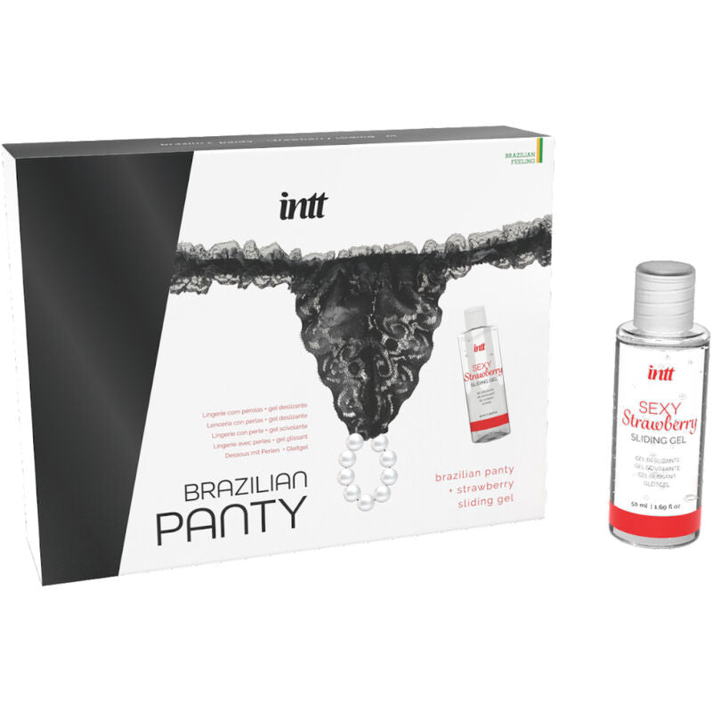 Slip brasiliano nero INTT con perle – Design elegante con gel lubrificante a base d'acqua da 50 ml