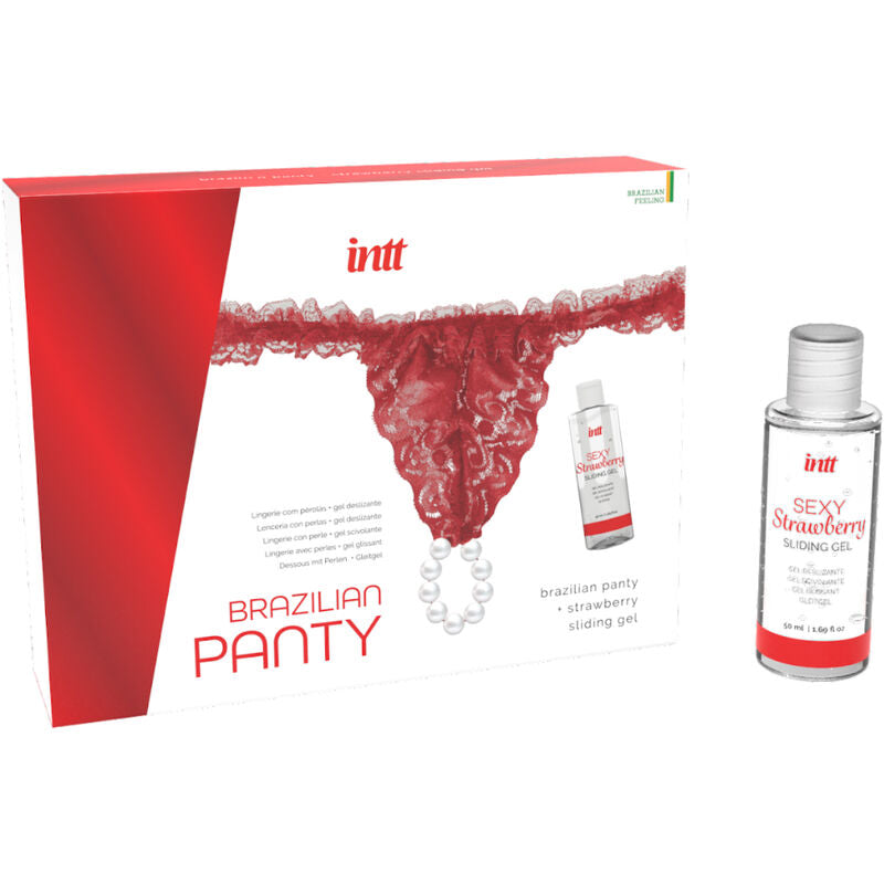 INTT RELEASES - RED BRAZILIAN PANTY WITH PEARLS AND LUBRICANT GEL 50 ML