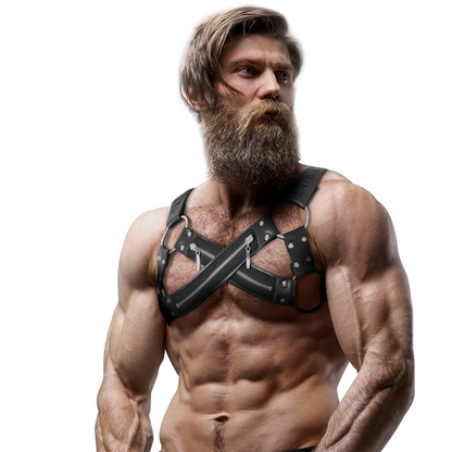 Pettorina regolabile in neoprene per bulldog: il design incrociato esalta la figura maschile