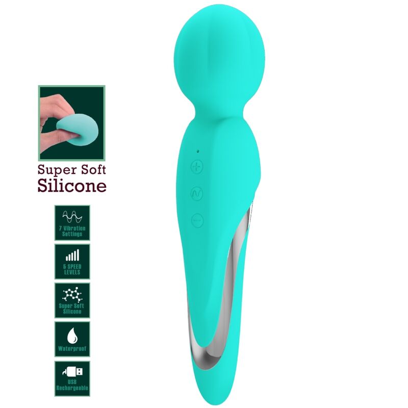 PRETTY LOVE Walter Vibrador Wand Verde Agua – Masajeador De Silicona Suave Con 7 Funciones De Vibración