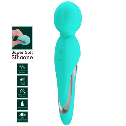PRETTY LOVE Walter Vibrador Wand Verde Agua – Masajeador De Silicona Suave Con 7 Funciones De Vibración