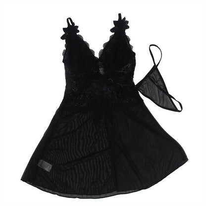 SUBBLIME - BABYDOLL TULLE FABRIC WITH LACE AND FLOWER DETAILS, BLACK S/M