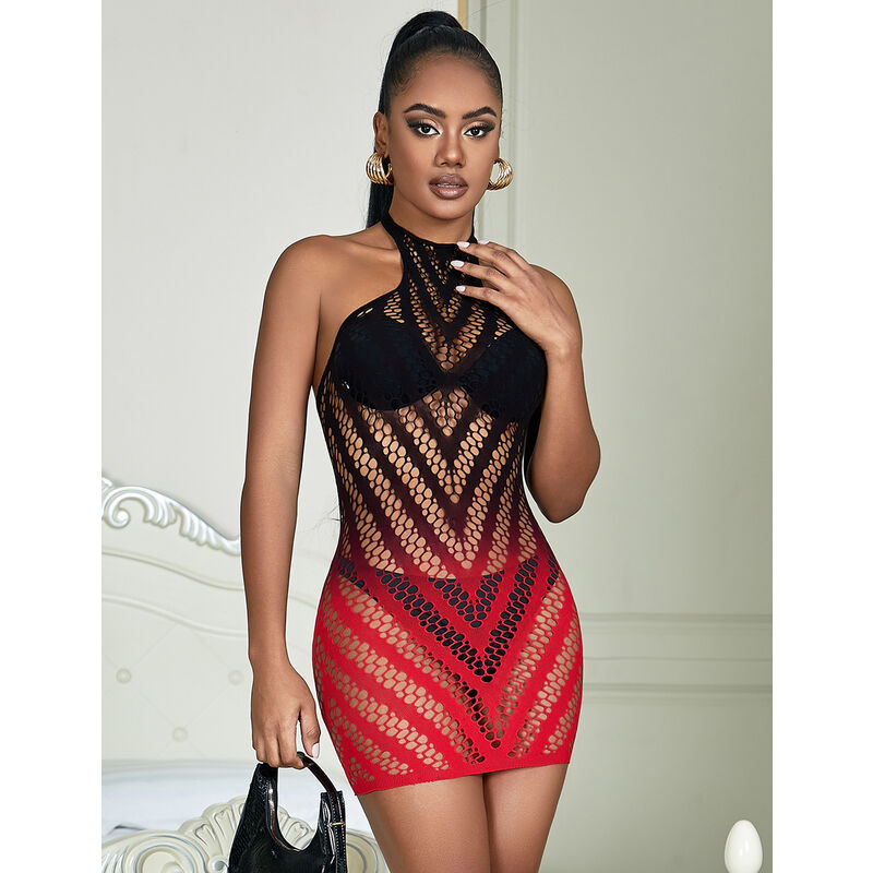 SUBBLIME Vestido De Rejilla Elástica Degradado Rojo Y Negro – Diseño Cautivador Para Realzar Tu Sensualidad