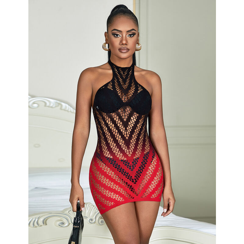 SUBBLIME Vestido De Rejilla Elástica Degradado Rojo Y Negro – Diseño Cautivador Para Realzar Tu Sensualidad
