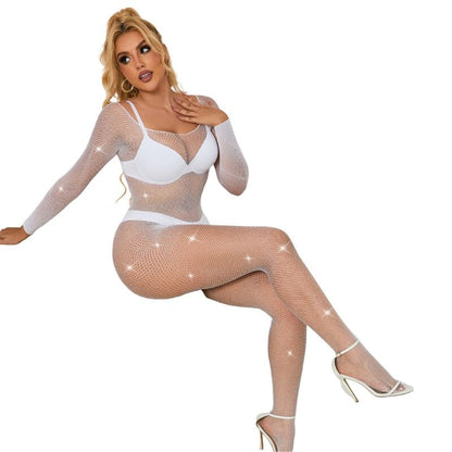 SUBBLIME Bodystocking De Rejilla Con Diamantes Blanco Talla Única – Diseño Elegante Para Ocasiones Especiales