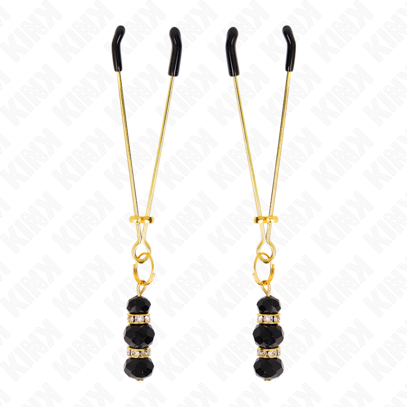 KINK - FINE GOLD NIPPLE CLAMPS WITH TRIPLE BLACK GLASS BALL 7 CM
