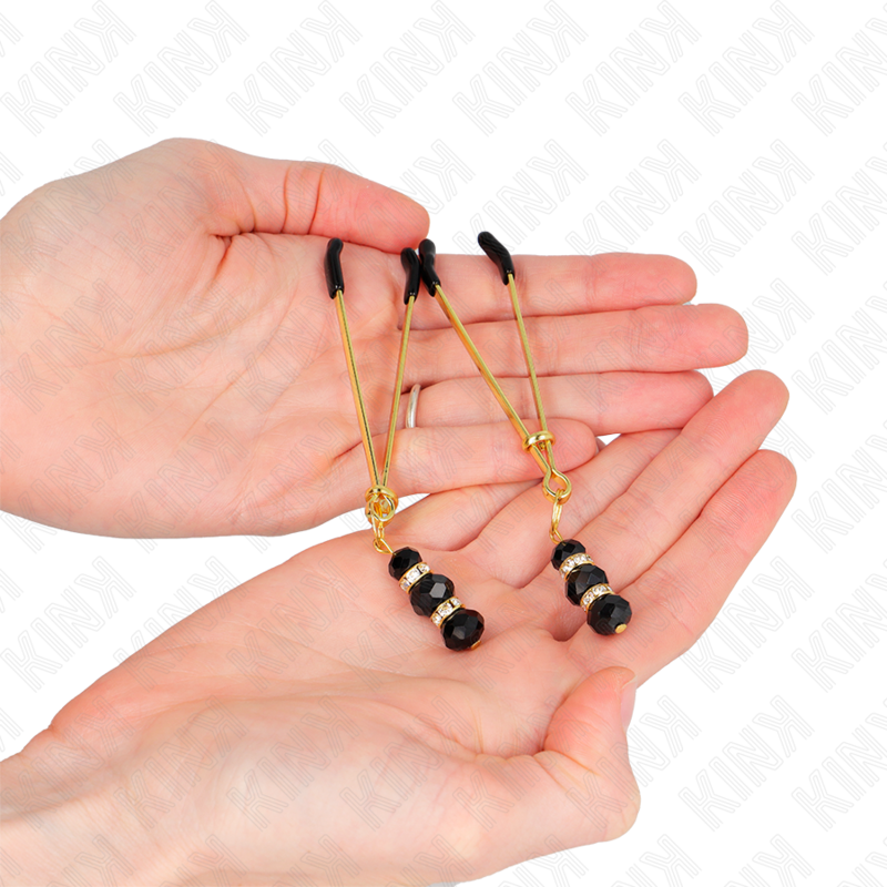 KINK - FINE GOLD NIPPLE CLAMPS WITH TRIPLE BLACK GLASS BALL 7 CM