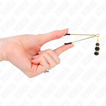 KINK - FINE GOLD NIPPLE CLAMPS WITH TRIPLE BLACK GLASS BALL 7 CM