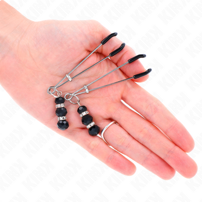 KINK - THIN SILVER NIPPLE CLAMPS WITH TRIPLE BLACK GLASS BALLS 7 CM