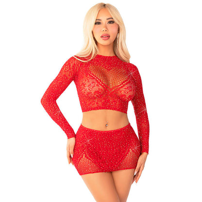 Comprar LEG AVENUE Conjunto Top Y Falda De Rejilla Con Brillantes Rojo – Diseño Chic Para Noches De Fiesta Elegantes-Noxtic