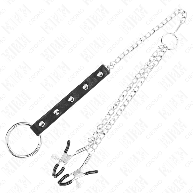 KINK - METAL COCK RING WITH CHAIN ​​AND ADJUSTABLE NIPPLE CLAMPS