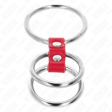 KINK - TRIPLE METAL COCK RING 3.7 CM TO 5 CM CONNECTED WITH RED LEATHER