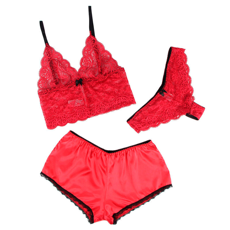 SUBBLIME - 953904 3-PIECE RED LACE AND SATIN SET L/XL