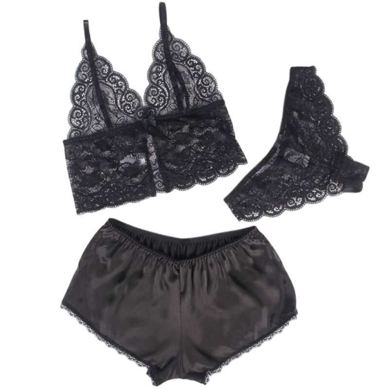 SUBBLIME - 953928 3-PIECE SET BLACK LACE AND SATIN L/XL