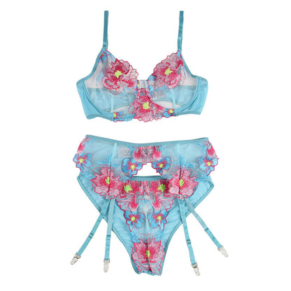 SUBBLIME Sujetador Y Panties Con Ligurero Diseño Floral Azul L/XL – Conjunto De Lencería Elegante Y Confortable