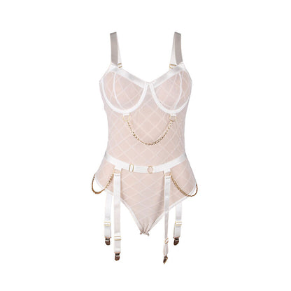 SUBBLIME Body con Catene e Giarrettiere Bianco L XL – Lingerie Elegante per il Comfort e lo Stile Seducente