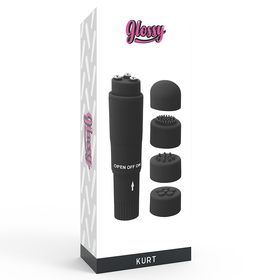 GLOSSY Pocket Kurt Negro – Mini Masajeador Con Cuatro Cabezas Intercambiables