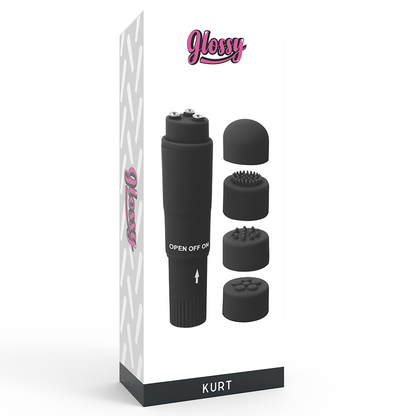 GLOSSY Pocket Kurt Negro – Mini Masajeador Con Cuatro Cabezas Intercambiables