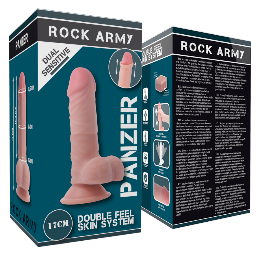 ROCKARMY Dildo Dual Density Panzer 17 CM – Diseño Realista Con Base De Ventosa Para Experiencia Placentera