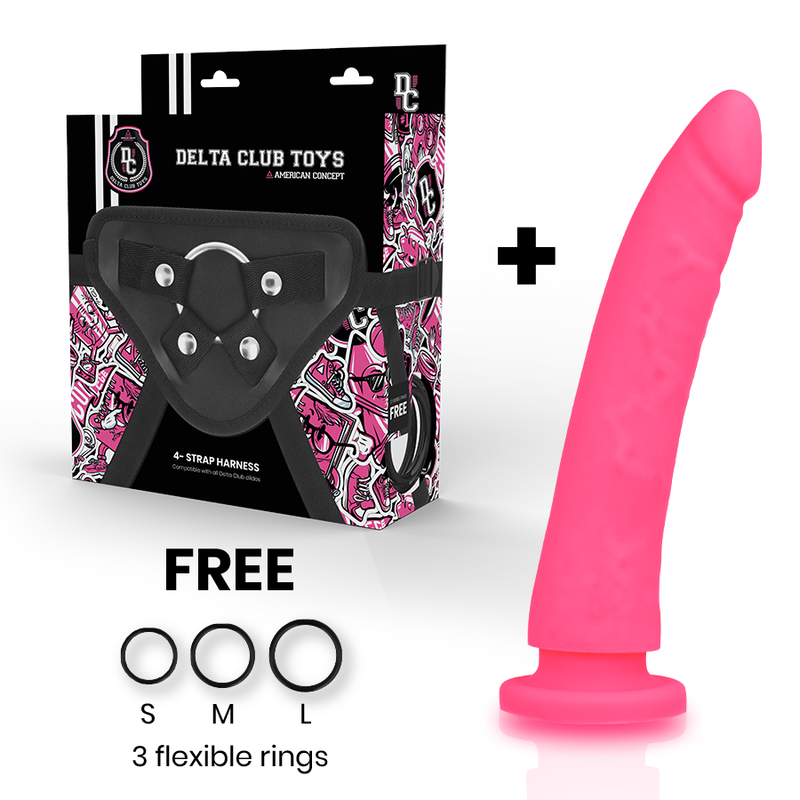 Dildo rosa DELTA CLUB con imbracatura in silicone medico – Materiale ipoallergenico per un uso sicuro